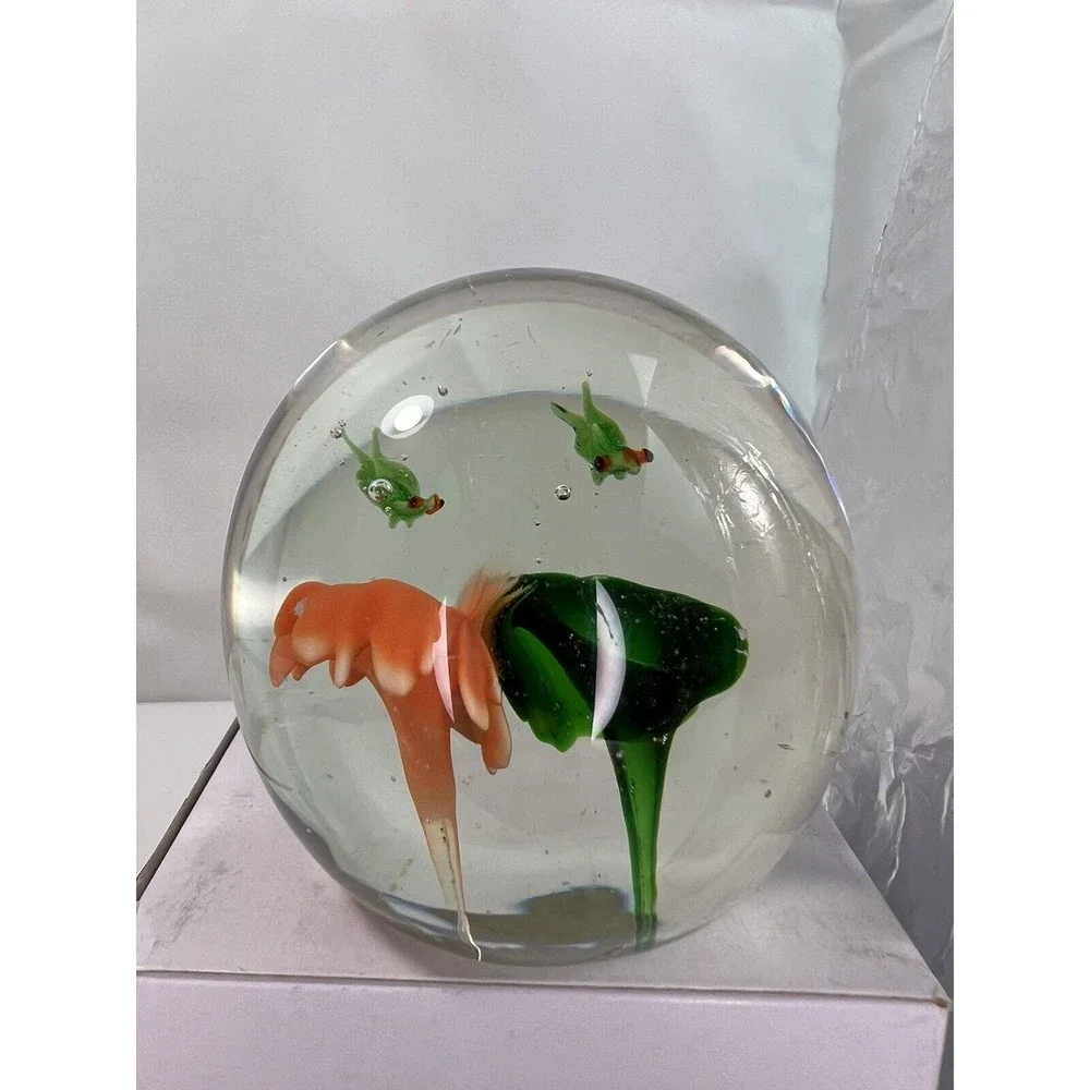 Vtg Art Glass Paperweight Clear Ball Collectible Bubbles with Flowers Decoration